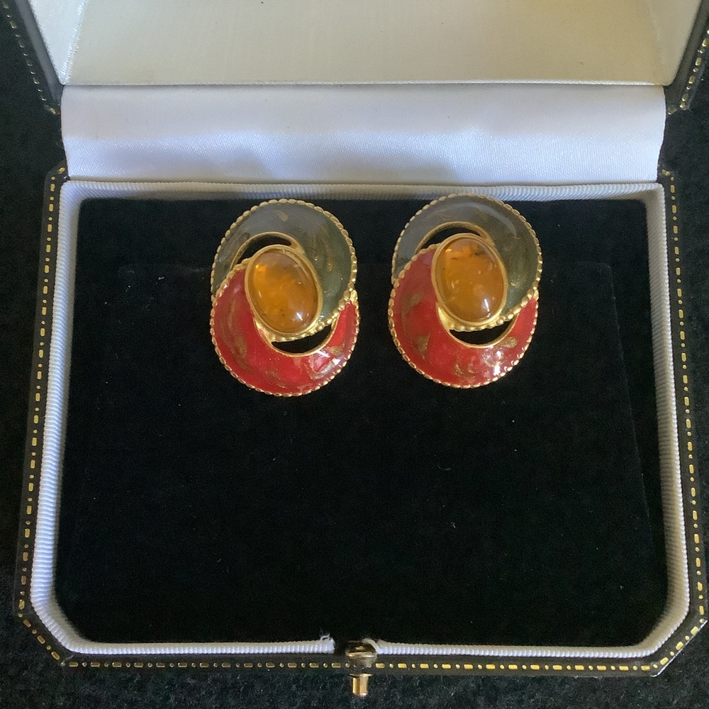 Vintage M. JENT faux amber enamel earrings.
